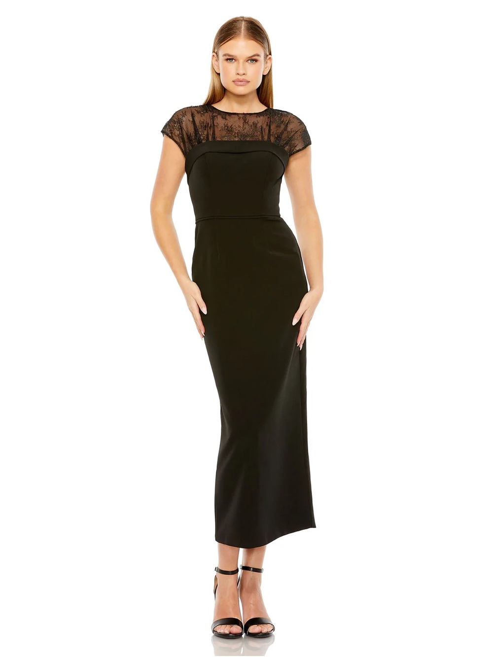 NWT Mac Duggal 49799 Black Midi Cocktail Dress Size 0 Column Cap Sleeve
